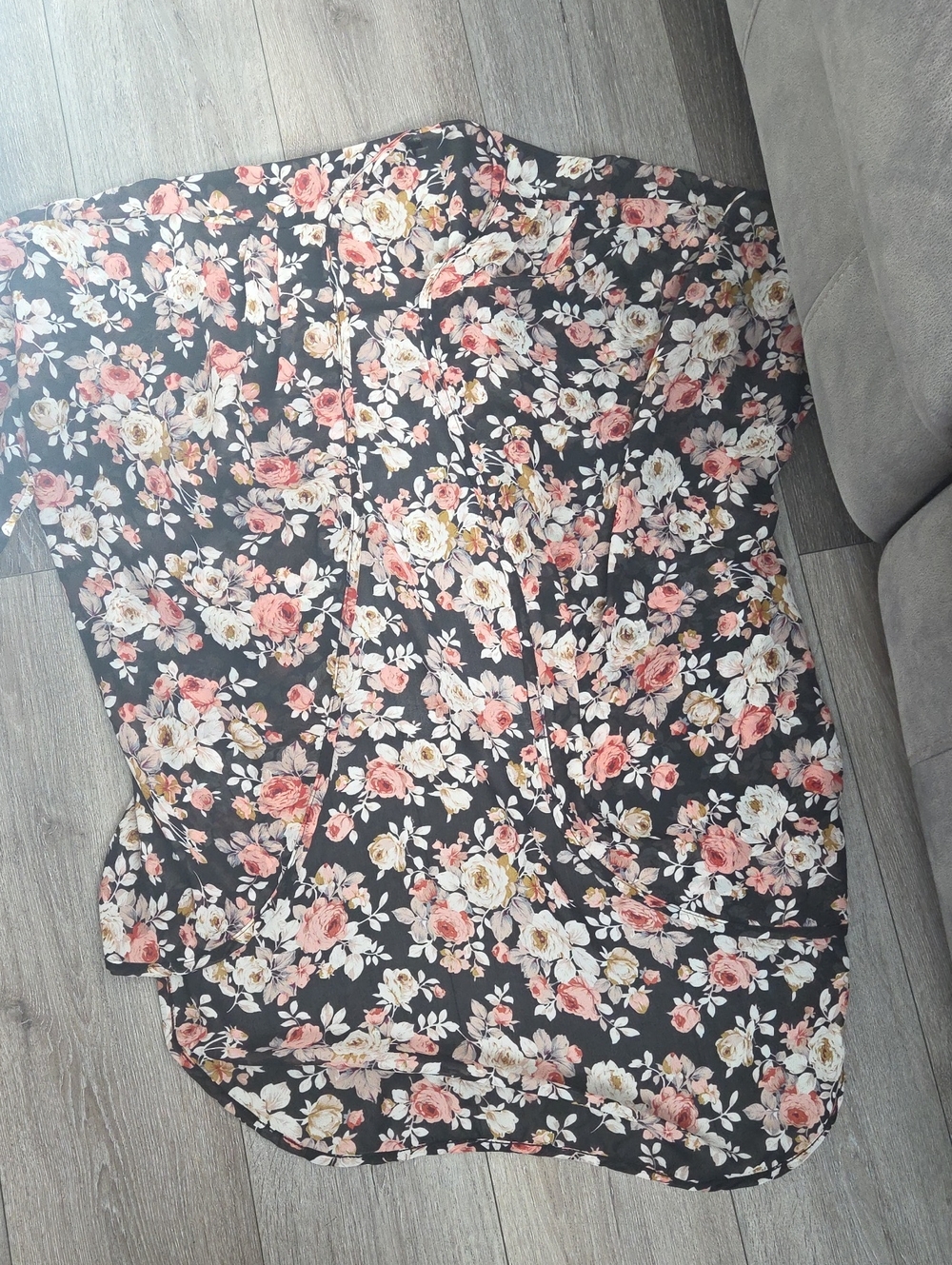 Floral V-Neck Wrap Blouse - Black with Pink & Cream Flowers